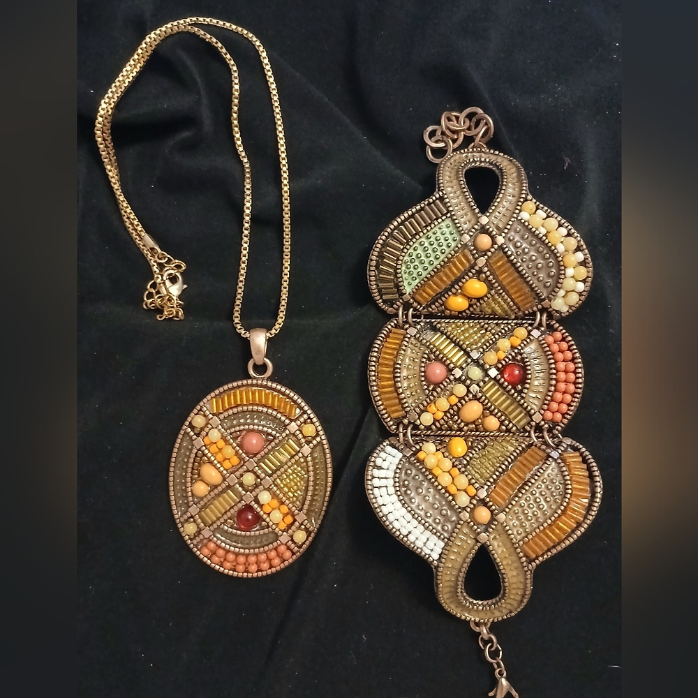 Beaded Pendant Necklace And Hinged Bracelet Earth Copper Tone Boho Set